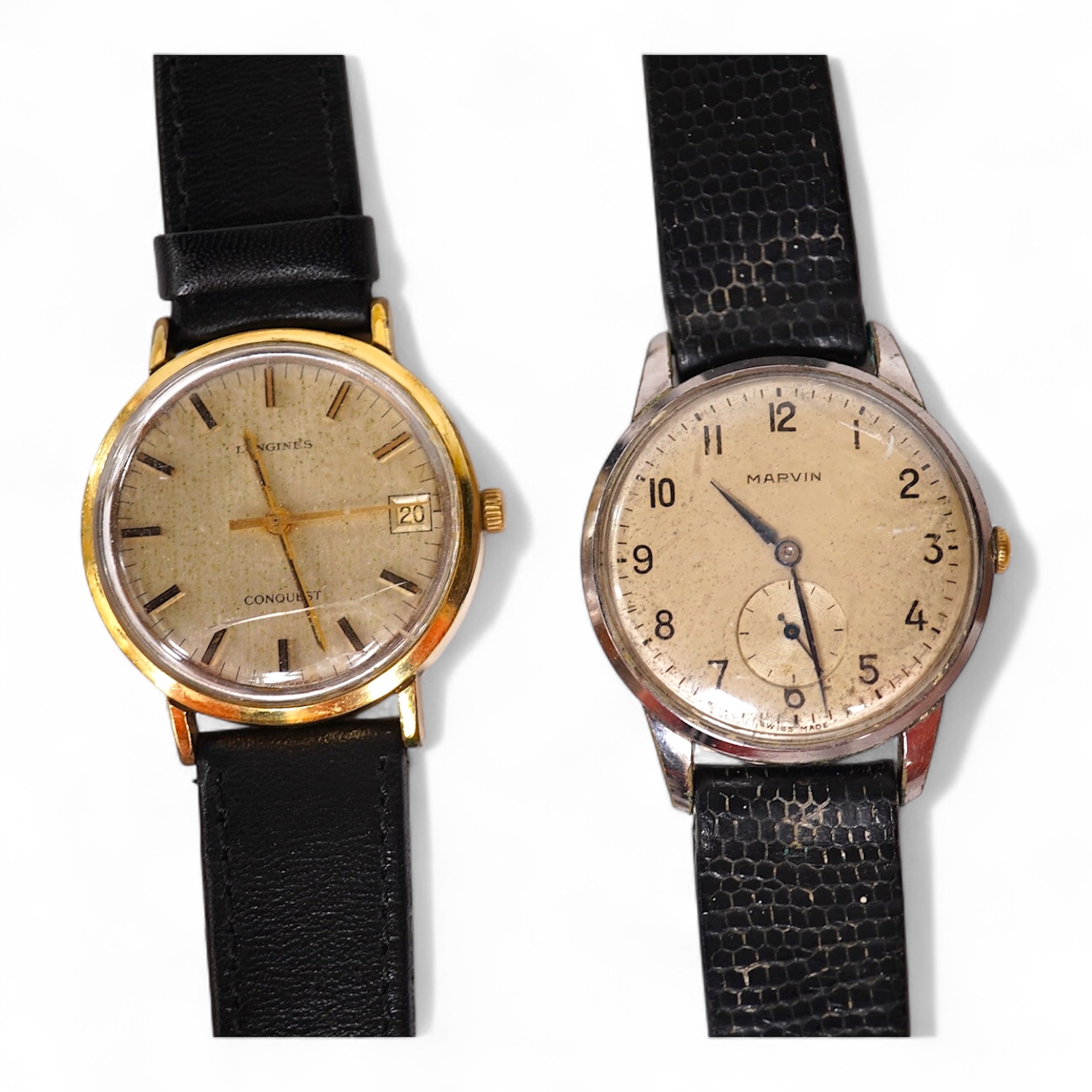 A gentleman's steel and gold plated Longines Conquest manual wind wrist watch, with baton numerals and date aperture, case diameter 35mm, together with a gentleman's stainless steel Marvin manual wind wrist watch, case d